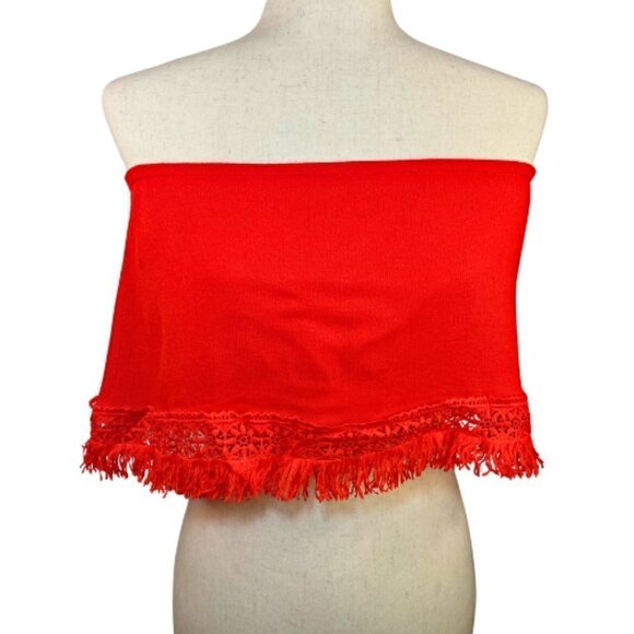 LULUS Californian Red Fringe Strapless Crop Top with Crochet Hem Size L - Picture 2 of 11